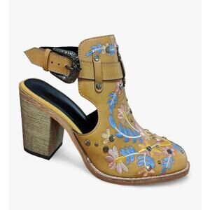 ATBELL AmoreParis Floral Embroidery Ankle Boot, buckled backless, wooden heel